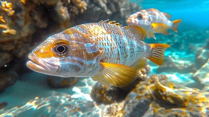 A fish is swimming in the ocean with a blue and yellow body