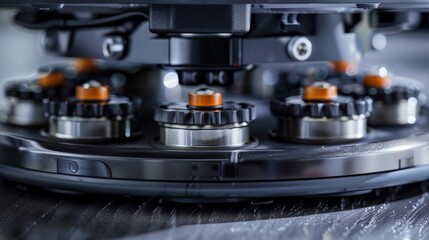 Extreme closeup of the wheels and suspension system of a robot vacuum demonstrating its ability to navigate and maneuver around furniture and corners.