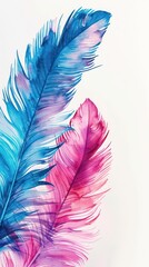 Fototapeta premium Vibrant watercolor feathers in blue and pink hues on white background.