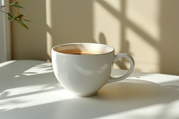 Fototapeta premium A white coffee cup sits on a table in front of a window