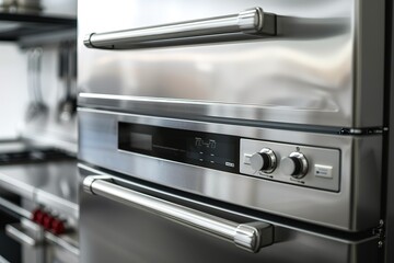 A silver oven with a digital display and a timer