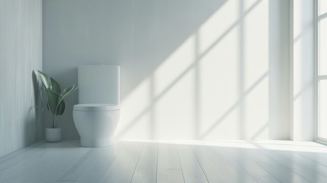 A pristine white bathroom with a large window and sunlight streaming in, illuminating a sleek toilet and a small potted plant in the corner
