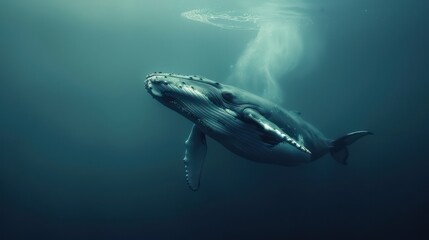 Fototapeta premium Majestic humpback whale gracefully swimming in the deep ocean waters.