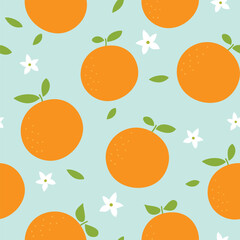 Seamless pattern with orange fruits and flowers  . Summer pattern on blue background. Vector illustration. It can be used for wallpapers, wrapping, cards, patterns for clothes and other.