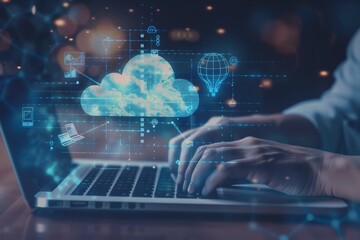 Close up of businessman hands typing on laptop keyboard with cloud technology icons floating above, indicating the use of AI for data analysis and marketing