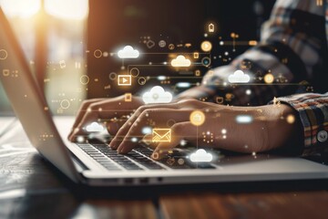 Close up of businessman hands typing on laptop keyboard with cloud technology icons floating above, indicating the use of AI for data analysis and marketing