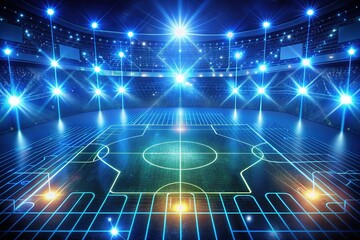 Futuristic digital soccer field illuminated with glowing blue circuitry and wires, representing the intersection of technology and sports analytics in modern football strategy.