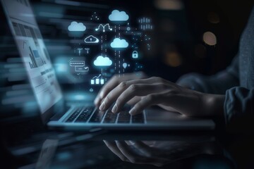 Close up of businessman hands typing on laptop keyboard with cloud technology icons floating above, indicating the use of AI for data analysis and marketing