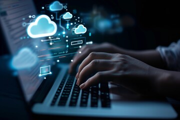 A person typing on a laptop with Cloud computing technology and online data storage for business network concept. Computer connects to internet server service for cloud data transfer