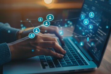 A person typing on their laptop with icons of people employees and social media platforms floating around. Modern Social Media Interaction. network mobile payments, online shopping concept background