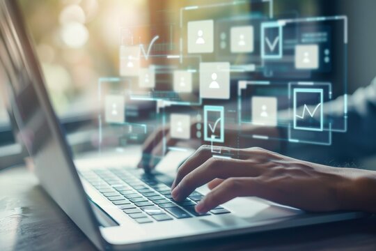 Online form on a laptop, with multiple options and boxes for choosing one of them. communication graph technology icon interface. Planing financial analysis marketing communication technology concept
