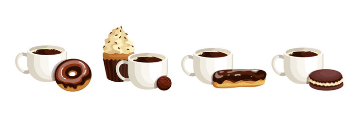 A set of white cups of aromatic coffee with sweet, chocolate desserts and pastries. Cartoon vector graphics.