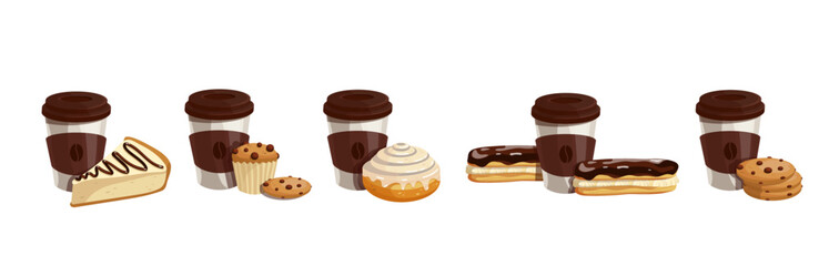 A set of glasses of aromatic coffee with sweet, chocolate desserts and pastries. Cartoon vector graphics.