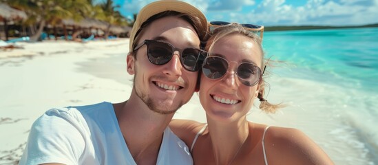 Obraz premium young couple on the beach smiling at camera in a selfie