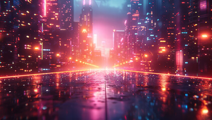 Vibrant digital background with neon lights and floating shapes, representing the futuristic world of video games and gaming on an empty grid floor.