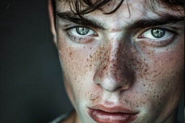Fototapeta premium Stunning high-resolution photographs of a handsome, upset young man with sad gray almond-shaped eyes, this is much more than just disappointment. Photos that convey the essence of the moment