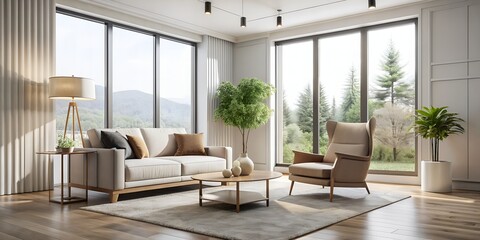 Fototapeta premium Luxurious modern living room illustration features sleek armchair on pristine white background, emphasizing clean lines, minimal decor, and abundant natural light.