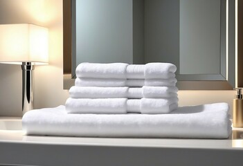 Light white spa towels pile, bath towels lying in a stack on light white peaceful background, at hotel, ad shot, copy space for text, decorative presentation
