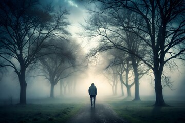 Mysterious silhouette of a lone figure disappears into the eerie fog, surrounded by misty trees, creating an atmosphere of solitude and contemplation.