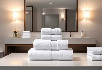 Light white spa towels pile, bath towels lying in a stack on light white peaceful background, at hotel, ad shot, copy space for text, decorative presentation
