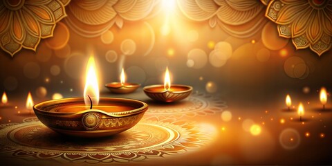 Golden oil lamps burning brightly on a festive background for diwali, casting a warm glow and creating an elegant atmosphere