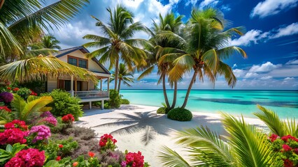 Fototapeta premium Serene coastal dwelling with tropical palms and vibrant blooms surrounded by calm turquoise waters and powdery white sand, evoking feelings of tranquility and relaxation.
