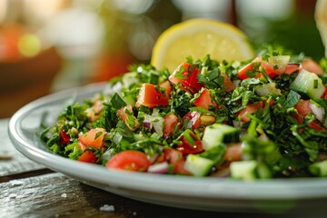 In a white dish, Turkish Coban salata, also known as Shepherd's salad.