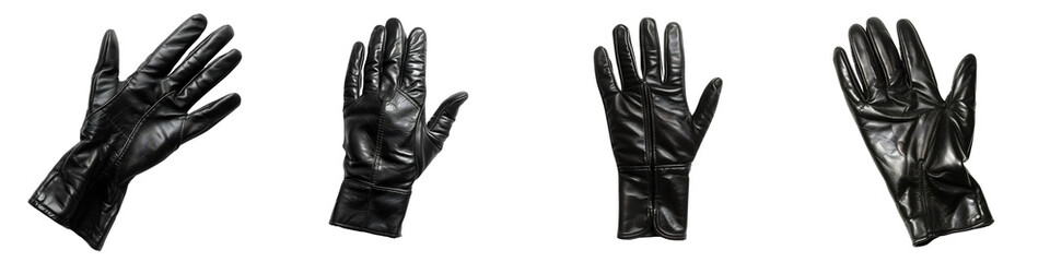 Set of 4 Different Black Leather Gloves from Various Angles (Transparent PNG)