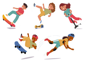 Children Falling Off Skateboards, Scooters, Hoverboards, And Roller Skates. Vector Energetic Concepts Of Accidents