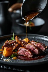 upscale, pricey, gourmet supper chef cuisine on a dark, black plate