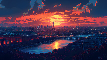 A stunning image of the Eiffel Tower silhouetted against a breathtaking sunset with vibrant colors The photograph captures the romance and iconic beauty of Paris