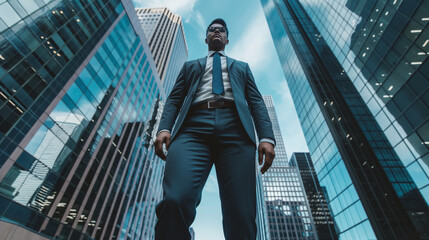 Powerful businessman standing in corporate business district