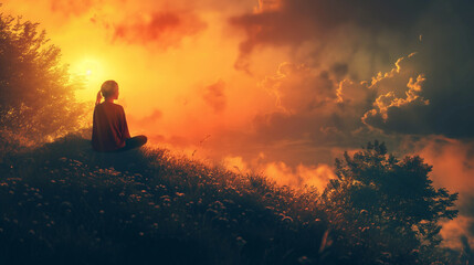 Young woman meditating on a hilltop at sunset enjoying peace and tranquility