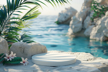 Empty podium for product presentation with palm leaf on seascape. 