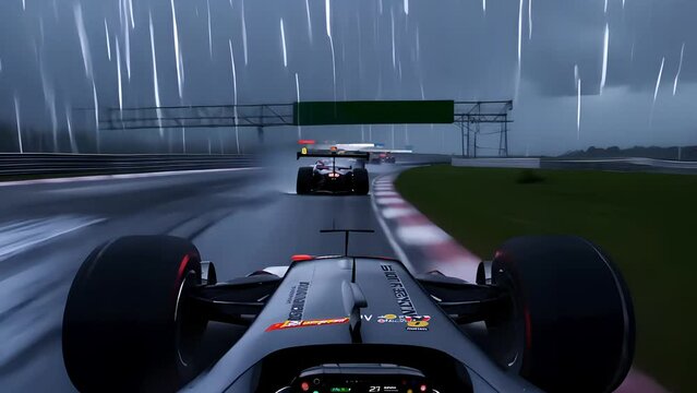 A racing car driving in heavy rain