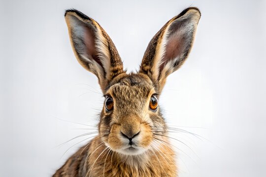 A solo hare with soft fur and large brown eyes standing upright, looking curious, on a transparent background with subtle shadows.