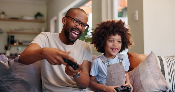Happy dad, child and playing with video games on sofa for fun bonding, leisure or weekend at home. Excited father with son, little boy or kid on console or controller for co op gameplay at house