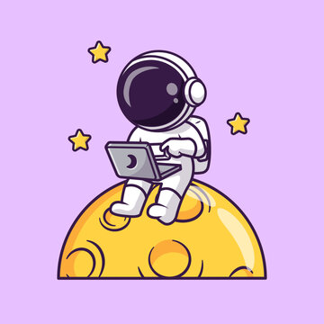 Cute Astronaut Working With Laptop On Moon With Star 
Cartoon Vector Icon Illustration. Science Technology Icon 
Concept Isolated Premium Vector. Flat Cartoon Style