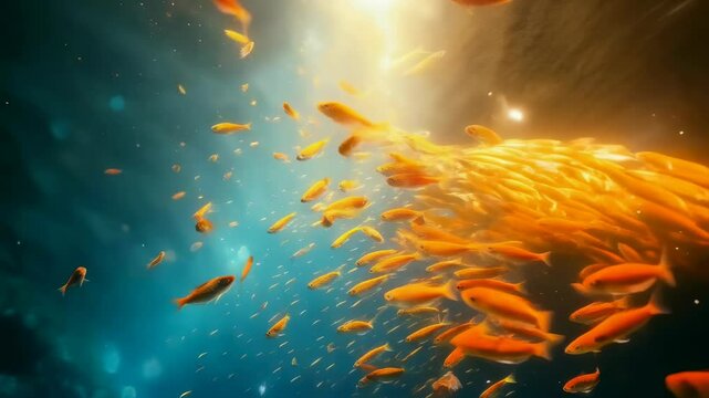 A vivid underwater scene captures numerous goldfish swimming amidst particles and sunlight. The colorful fish create a lively and serene atmosphere, reflecting the beauty of aquatic life.