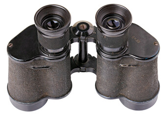 Old military binoculars on isolated background.