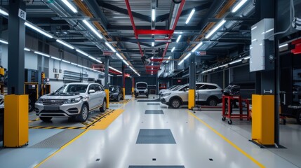 A modern, well-lit car service garage with multiple cars on lifts, showing a spacious and efficient workspace.
