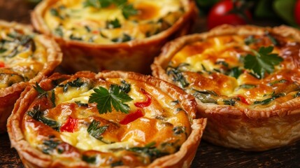 Savory quiches filled with herbs vegetables and gooey melted cheese.