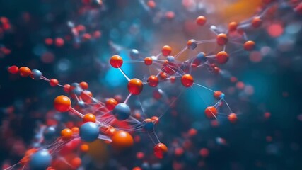 This image features a detailed molecular structure with interconnected atoms and particles, set against a blurred background. Bright and colorful visuals highlight the complexity of atomic bonds.