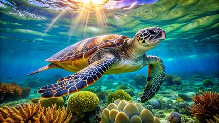 Obraz premium Majestic green sea turtle glides effortlessly through crystal-clear turquoise water, its shell glistening in the sunlight, surrounded by vibrant coral and seaweed in the ocean.