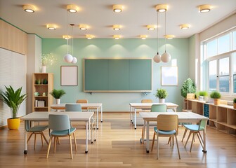 A serene classroom backdrop with calming colors, soft lighting, and inspirational quotes on the board, highlighting a supportive learning environment.