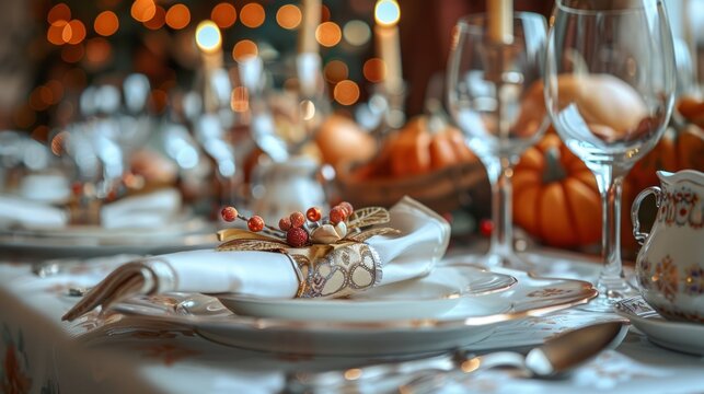 A close-up of the Thanksgiving table setting: exquisite porcelain, silverware and elegant placemats folded into festive shapes and small pumpkins.