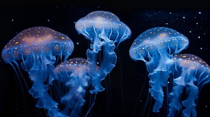 Jellyfish with neon glow light effect in aquarium, ibioluminescent jellyfish