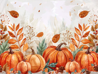 Pumpkins of various sizes are surrounded by autumn leaves in warm hues of orange, red, and yellow. Leaves float down in the background, evoking a fall atmosphere.