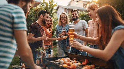 Group of friends having fun and drinking beer together at a barbecue party