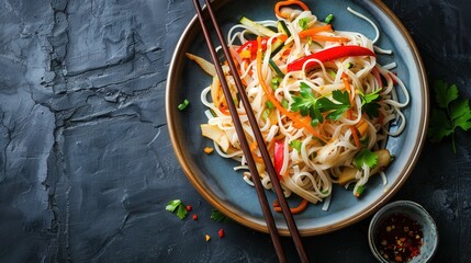 Rice Noodles with Vegetables Close-Up on a Plate with Chopsticks
